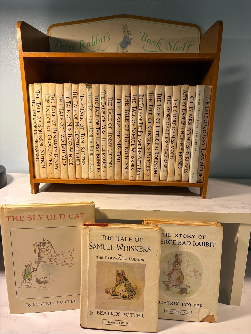 Classic Cream Beatrix Potter Book Set with Wooden Shelf